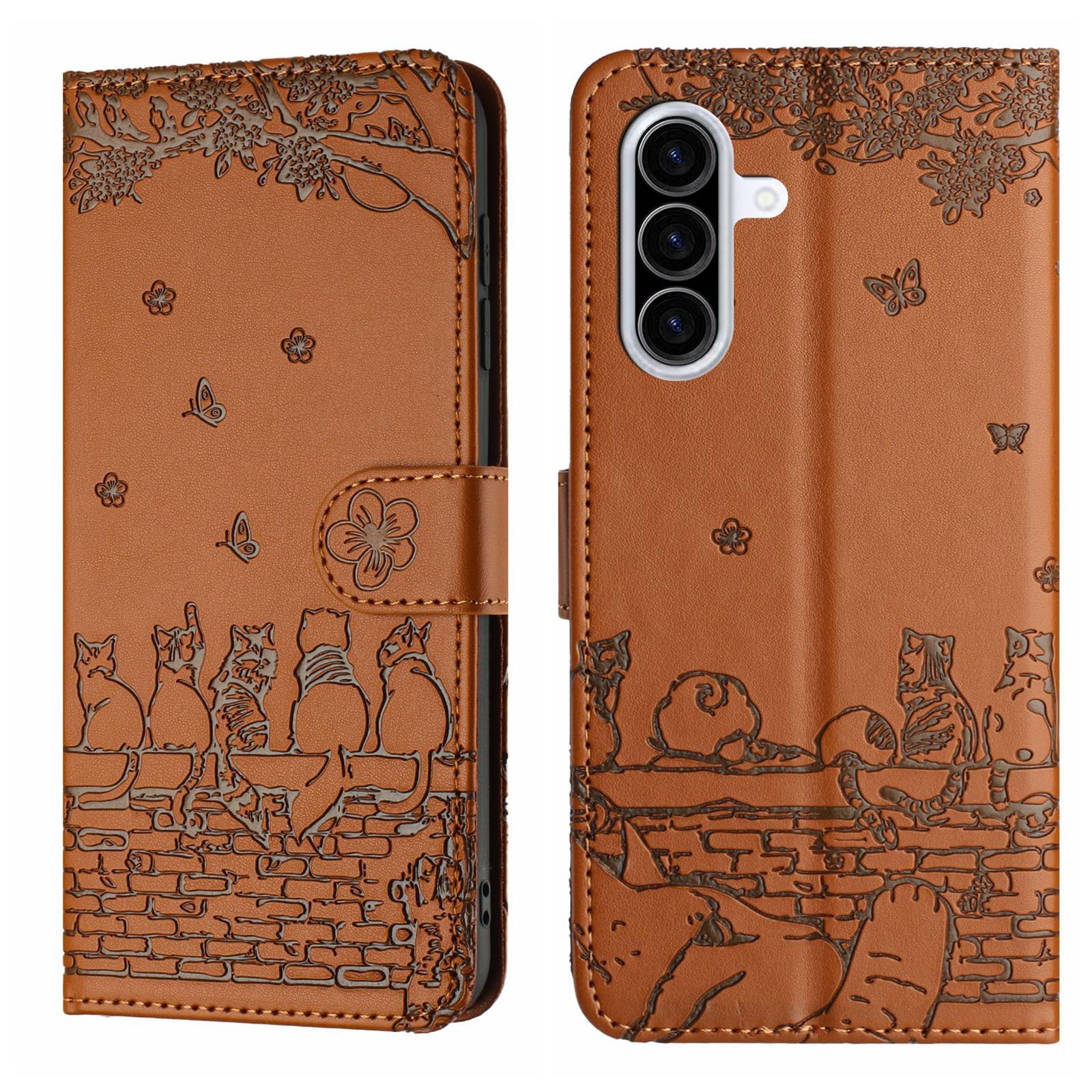 BookCover Hoes Etui voor Samsung Galaxy A56 - A36  -  Bruin  - Katten op Muurtje - Reliëf