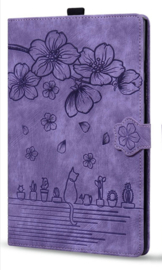 Bescherm-Etui Hoes Map voor Lenovo  M11 -  Bloemen en Kat - Paars