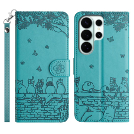 BookCover Hoes Etui voor Samsung Galaxy S26 ULTRA  -  Turquoise  - Katten op Muurtje - Reliëf