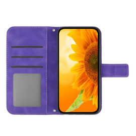 Hoes - Etui - Tas voor Samsung Galaxy A16  - A26  Met Schouder - Draagkoord -  Paars  -  Zonnebloem Reliëf