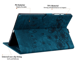 Luxe Bescherm-Etui Hoes Map voor Apple iPad 10 - 11 -  A16 - 10.9 -    Bloemen en Kat -  Blauw
