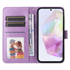 PU BoekCover Hoes Etui voor Samsung Galaxy A36 - A56   Paars  -  Bloem-Motief in Reliëf