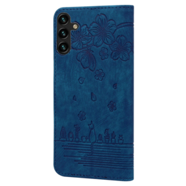 BookCover Hoes Etui voor Samsung Galaxy A16 - A17 -  A18 - A26  Blauw - Bloemen Kat - Reliëf