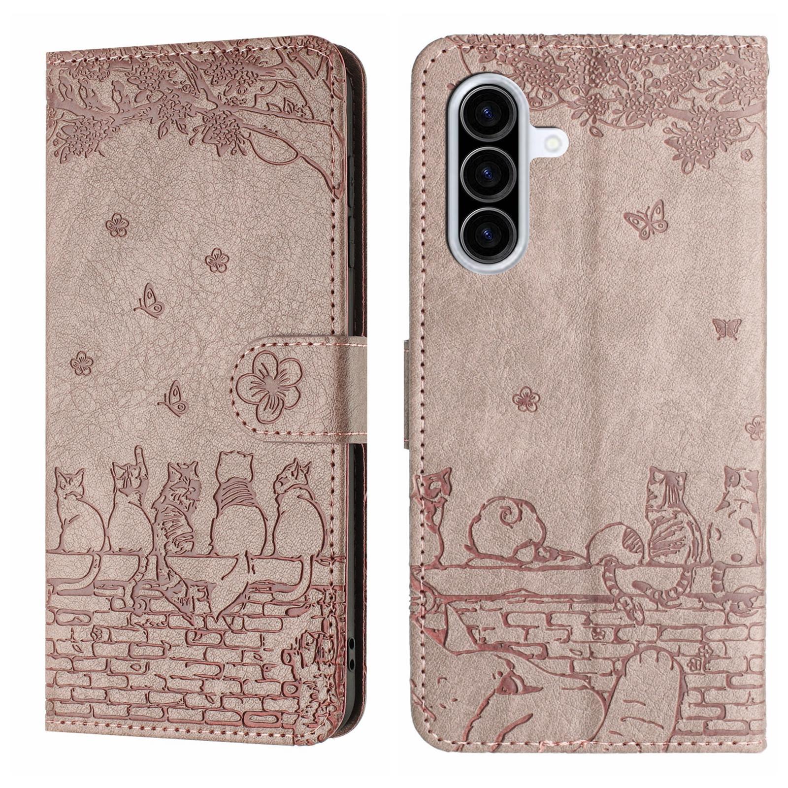 BookCover Hoes Etui voor Samsung Galaxy A56 - A36  -  Grijs  - Katten op Muurtje - Reliëf