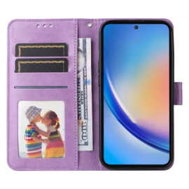 BookCover Hoes Etui voor Samsung Galaxy A35  -  Paars - Bloem-Motief in Reliëf
