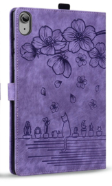 Luxe Bescherm-Etui Hoes Map voor iPad Mini 6 - Mini 7   -    Bloemen en Kat -  Paars