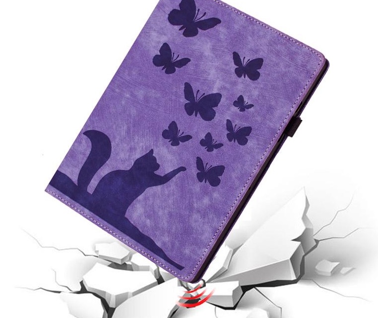 Bescherm-Etui Hoes Map voor  Apple iPad Mini 6 - Mini 7 - Kat en Vlinders  -  Paars
