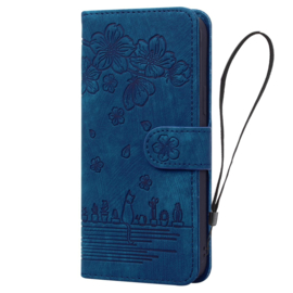 BookCover Hoes Etui voor Samsung Galaxy A36 - A56  -  Blauw - Bloemen Kat - Reliëf