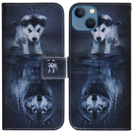 BookCover Etui Hoes   voor iPhone 15    Welp naar Wolf  Blauw