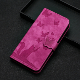 BookCover Etui Hoes voor Samsung Galaxy S24  - S25 Roze - Vlinders en Kat - Reliëf
