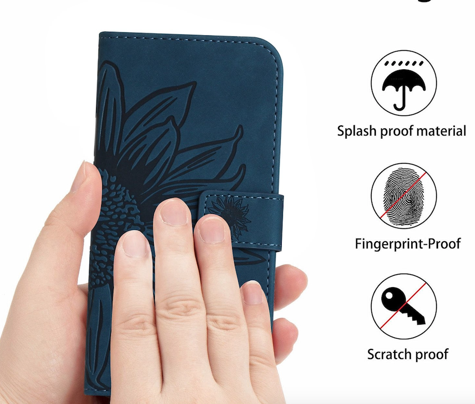 Hoes - Etui - Tas voor Samsung Galaxy A36  -  A56   Met Schouder - Draagkoord -  Donker-Blauw -  Zonnebloem Reliëf