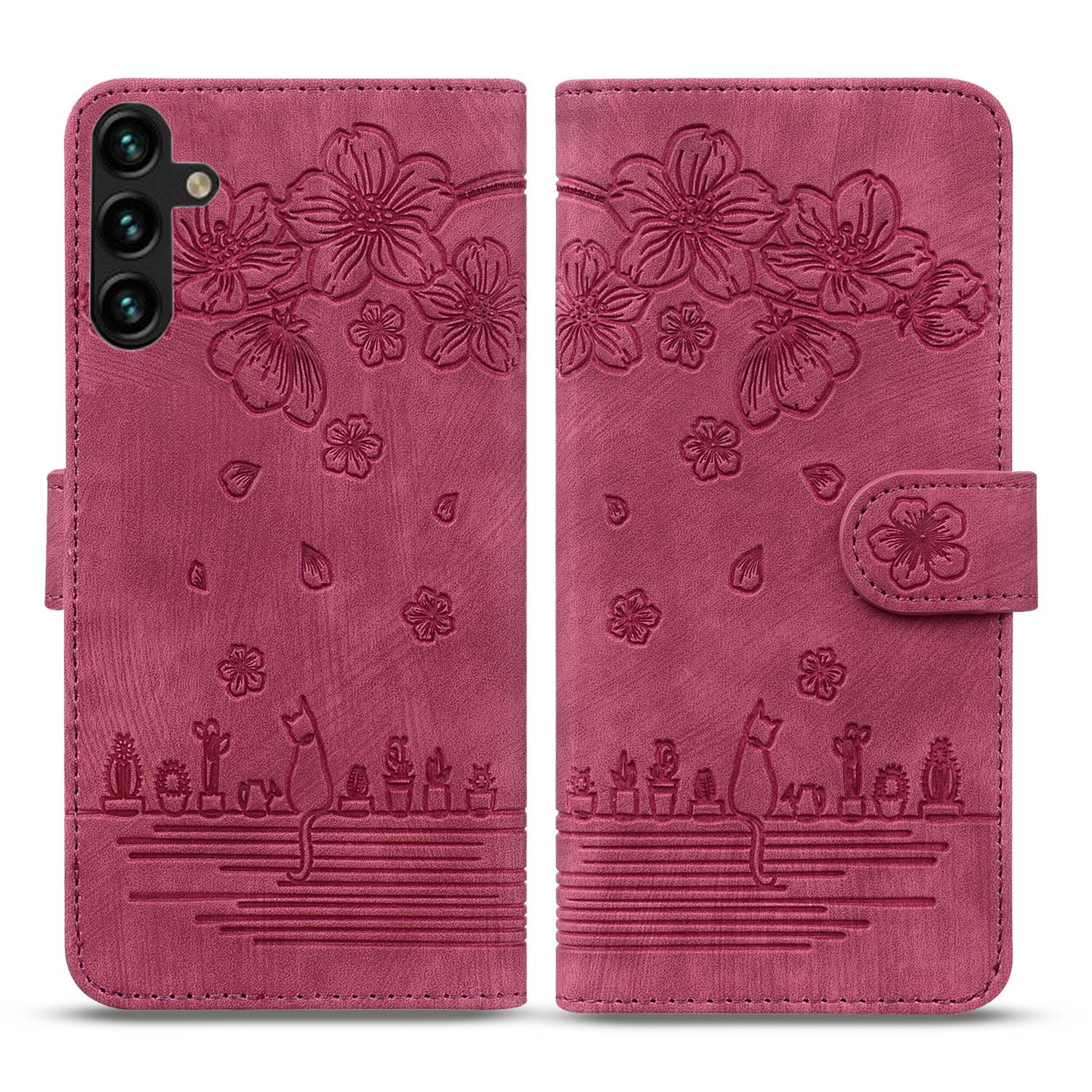 BookCover Hoes Etui voor Samsung Galaxy S24 - S25  -  Rood - Bloemen Kat - Reliëf