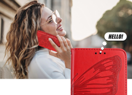 PU BookCover Hoes Etui voor iPhone 16  -  Rood -   Vlinder - Bloem Motief