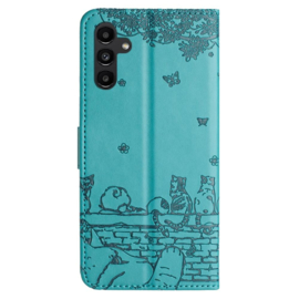 BookCover Hoes Etui voor Samsung Galaxy S26 PLUS  -  Turquoise  - Katten op Muurtje - Reliëf