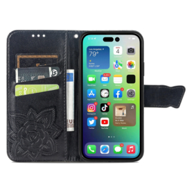 BookCover Hoes Etui voor iPhone 15      Vlinder    -  Zwart