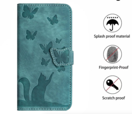 BookCover Hoes Etui voor Samsung Galaxy A16 - A26  -  Vlinders en Kat  -  Groen   - Reliëf