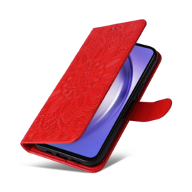 BookCover Hoes Etui voor Samsung Galaxy A55  -  Rood - Bloem-Motief in Reliëf