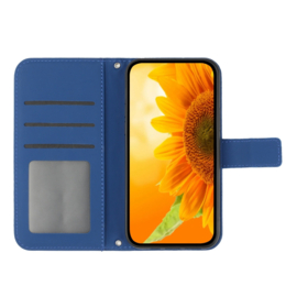 Hoes - Etui - Tas voor Samsung Galaxy S24  -  S25   Met Schouder - Draagkoord -  Blauw  -  Zonnebloem Reliëf
