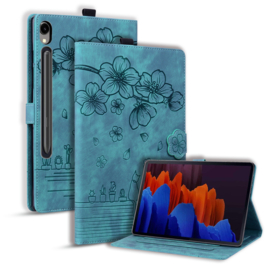 Luxe Bescherm-Etui Hoes Map voor Samsung Galaxy Tab S9 FE - S10 FE - 10.9 -    Bloemen en Kat -  Groen