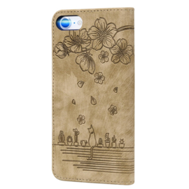 BookCover Hoes Etui voor Apple iPhone 16e  - 17e -  Paars - Bloemen Kat - Reliëf