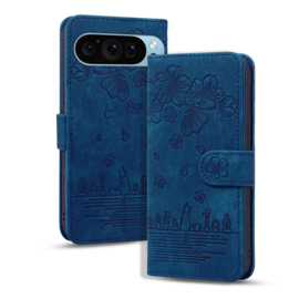 BookCover Hoes Etui voor Google Pixel 9 - 9 Pro - 10 - 10 Pro  -  Blauw - Bloemen Kat - Reliëf