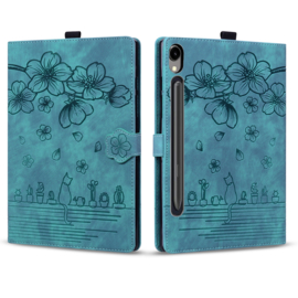 Luxe Bescherm-Etui Hoes Map voor Samsung Galaxy Tab S9 FE - S10 FE - 10.9 -    Bloemen en Kat -  Groen