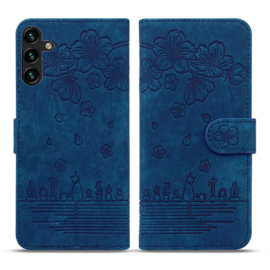 BookCover Hoes Etui voor Samsung Galaxy S24 FE  -  Blauw - Bloemen Kat - Reliëf