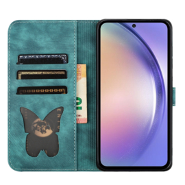 BookCover Hoes Etui voor Samsung Galaxy A55  -  Groen - Vlinders en Kat - Reliëf