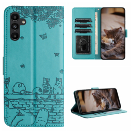 BookCover Hoes Etui voor Samsung Galaxy A24 - A25 -  Turquoise  - Katten op muurtje - Reliëf