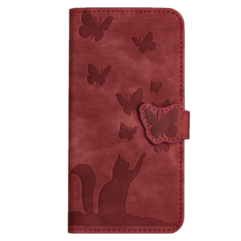 BookCover Etui Hoes voor Samsung Galaxy S24  - S25  -  Rood - Vlinders en Kat - Reliëf