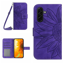 Hoes - Etui - Tas voor Samsung Galaxy A37 - A36  -  A56   Met Schouder - Draagkoord -  Blauw -  Zonnebloem Reliëf