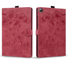 Luxe Bescherm-Etui Hoes Map voor Samsung Galaxy Tab A9 Plus - 11 -    Bloemen en Kat -  Rood
