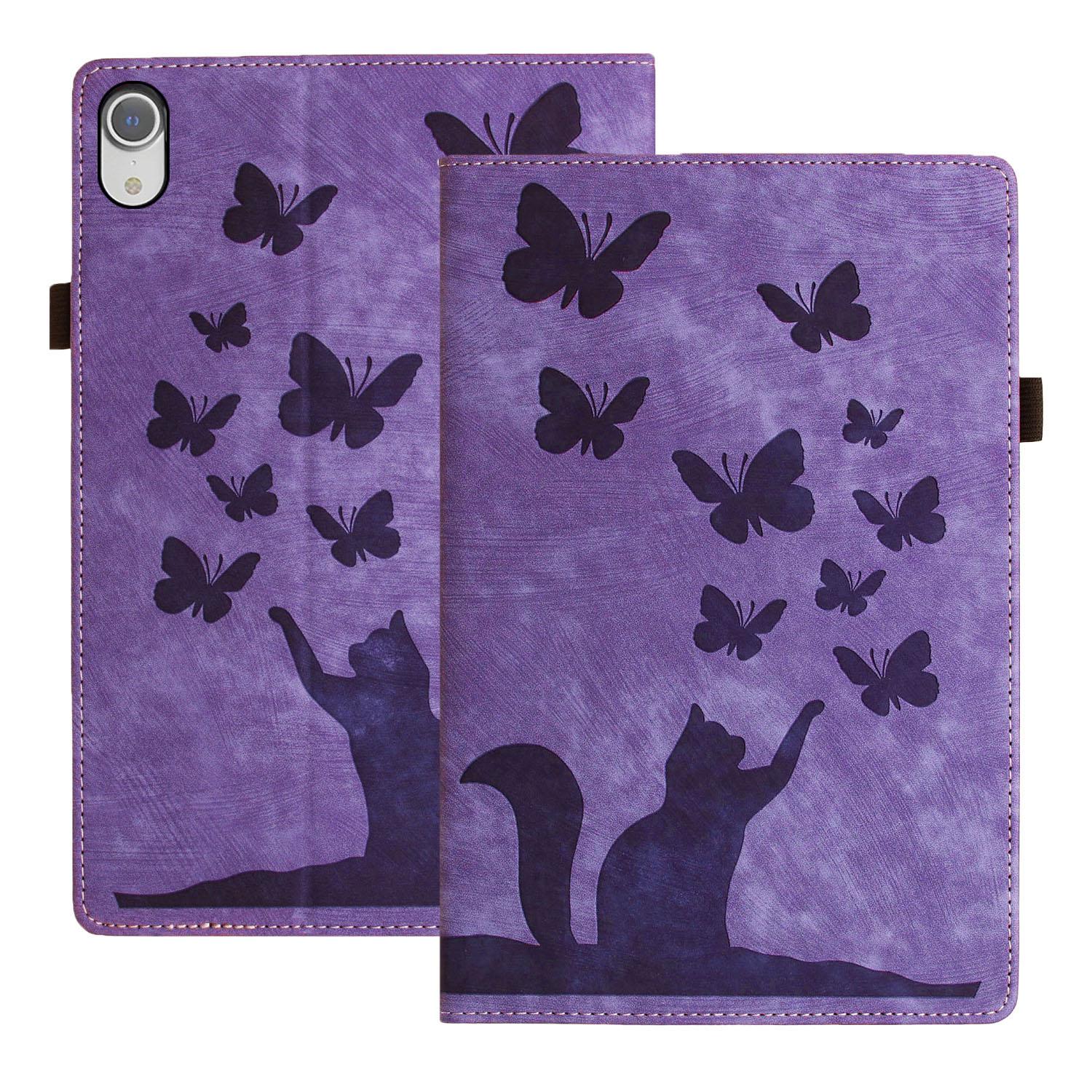 Bescherm-Etui Hoes Map voor  Apple iPad Mini 6 - Mini 7 - Kat en Vlinders  -  Paars