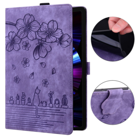 Luxe Bescherm-Etui Hoes Map voor Samsung Galaxy Tab A9 - 8.7  -    Bloemen en Kat - Paars