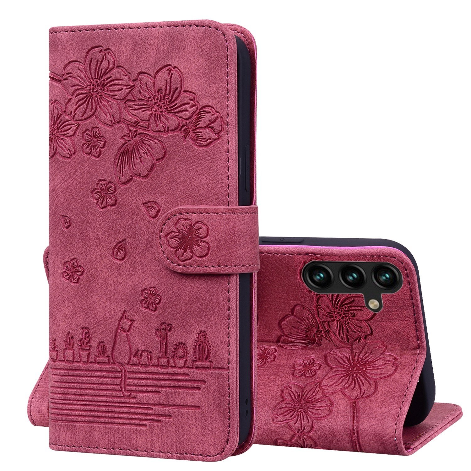 BookCover Hoes Etui voor Samsung Galaxy S24 - S25  -  Rood - Bloemen Kat - Reliëf