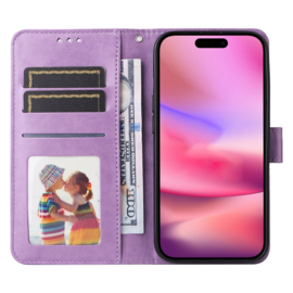 BookCover Hoes Etui voor iPhone 16  -  Paars - Bloem-Motief in Reliëf