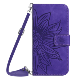 Hoes - Etui - Tas voor Samsung Galaxy A37 - A36  -  A56   Met Schouder - Draagkoord -  Blauw -  Zonnebloem Reliëf