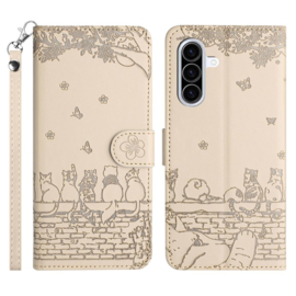 BookCover Hoes Etui voor Samsung Galaxy A57  -  Beige  - Katten op Muurtje - Reliëf