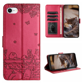 BookCover Hoes Etui voor iPhone SE - iPhone 7 - 8  -  Rood  - Katten op muurtje - Reliëf