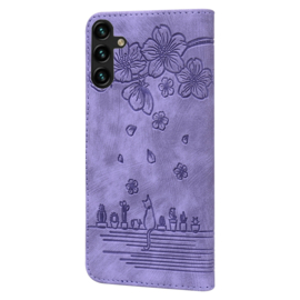 BookCover Hoes Etui voor Samsung Galaxy A55  -  Paars - Bloemen Kat - Reliëf