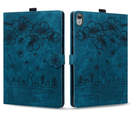 Luxe Bescherm-Etui Hoes Map voor Apple iPad 10 - 11 -  A16 - 10.9 -    Bloemen en Kat -  Blauw
