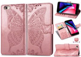 Boek-Cover Hoes Etui voor iPhone SE  - iPhone 7 - 8 -   Roze    -   Vlinder Relief