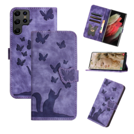 BookCover Etui Hoes voor Samsung Galaxy S25 Ultra  -   Vlinders en Kat - Reliëf  -  Paars