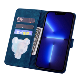 BookCover Hoes Etui voor iPhone 16  -  Blauw  - Bloemen Kat - Reliëf