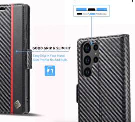 Luxe BoekCover Hoes Etui voor Samsung Galaxy S26 ULTRA -   Zwart   -  Rood  -  Carbon