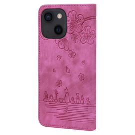 BookCover Hoes Etui voor iPhone 15  -  Roze  - Bloemen Kat - Reliëf