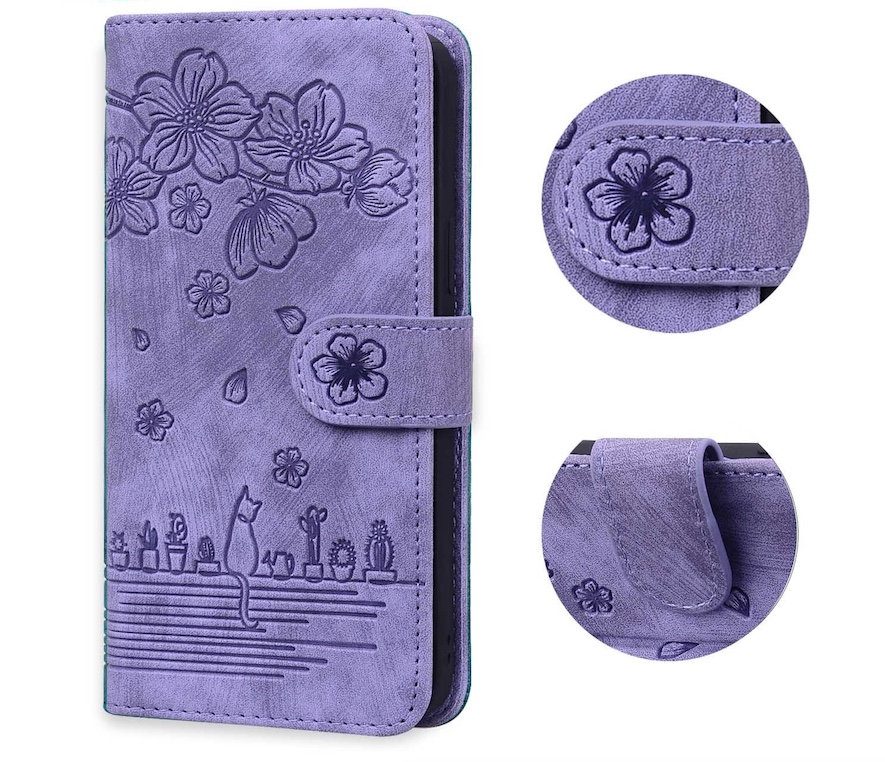 BookCover Hoes Etui voor Samsung Galaxy S24   -  Paars  - Bloemen Kat - Reliëf