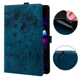Luxe Bescherm-Etui Hoes Map voor Samsung Galaxy Tab A9 Plus - 11 -    Bloemen en Kat - Blauw