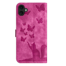 BookCover Hoes Etui voor Apple iPhone 17  -  Vlinders en Kat  - Roze  - Reliëf