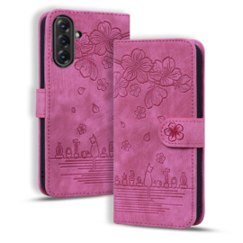 BookCover Hoes Etui voor Samsung Galaxy A36 - A56  -  Roze - Bloemen Kat - Reliëf